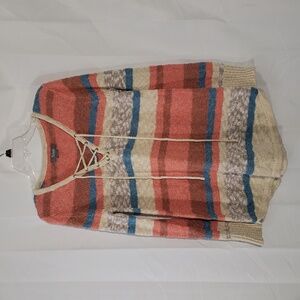 62%cotton Fisherman knit sweater Size Large. Coral cream blue stripes.
